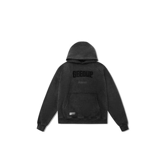 Geedup Play For Keeps Hoodie Vintage Washed Black front view – faded black hoodie with bold logo
